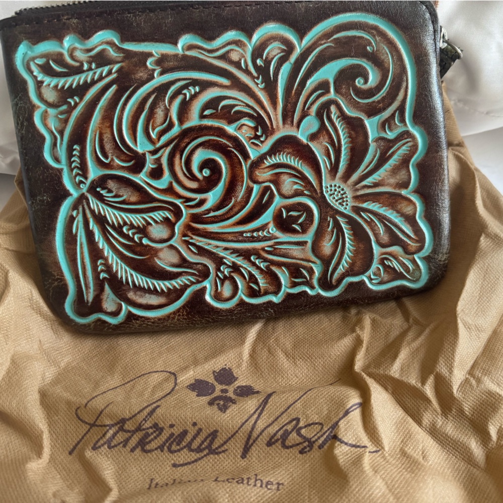 Patricia Nash Cassini Wristlet Tooled Leather Brown Turquoise Floral Zip